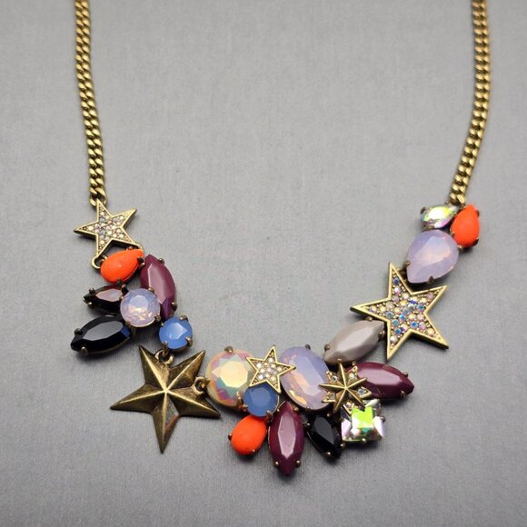 J Crew Fruit Salad AB Crystals Acrylic Gems w/ Stars Necklace 18" Gold Plated - Picture 5 of 7
